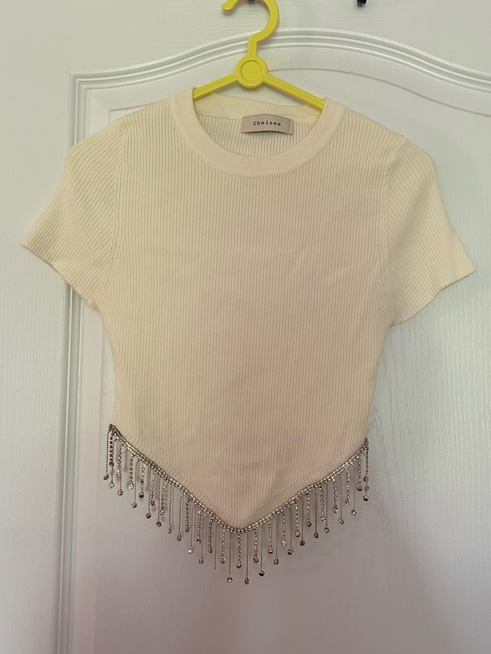 Chelsea Cream Ribbed Short Sleeve Crop Top with Beaded Fringe